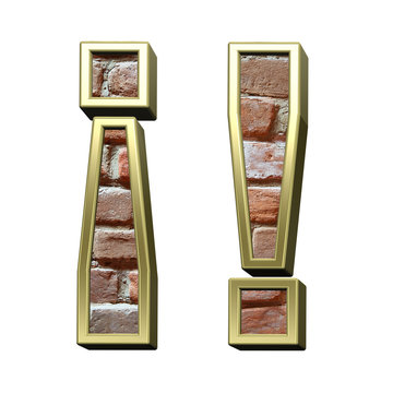 Exclamation mark from old brick with gold frame alphabet set, isolated on white. 3D illustration.