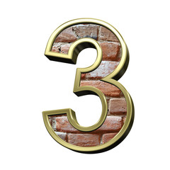 Leinwandbilder - One digit from old brick with gold frame alphabet set, isolated on white. 3D illustration.