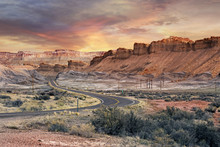 Scenic Road In Capitol Reef National Park At Sunset