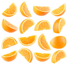 Collection Of 16 Orange Slices Isolated On White Background