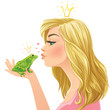 Vector illustration. Young beautiful lady kisses a green frog. Isolated on white background