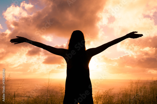 Fotografie, Obraz Feeling happy and free. Young woman with her arms up in the air.