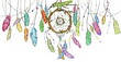 Watercolor dream catcher with bright colorful feathers swinging