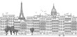 Seamless banner of Paris skyline, hand drawn black and white illustration