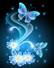 Wall Mural - Neon butterflies with flowers with and stars