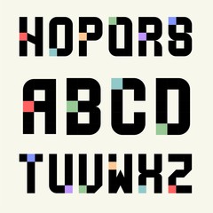 Set 2 Templates capital letters of black blocks with color inserts. Pixel Alphabet. For emblems, logos and monograms