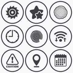 Poster - Wood and saw circular wheel icons. Attention.