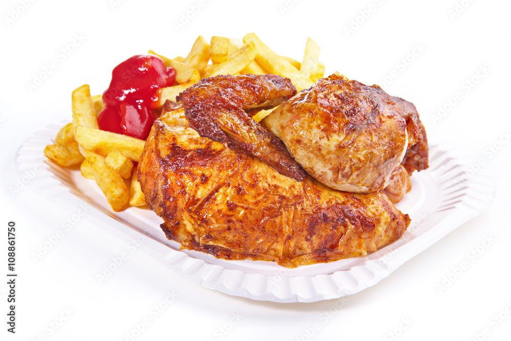 StockFoto „Halbes Hähnchen mit Pommes Frites“ Adobe Stock