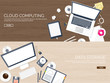 © 32 pixels - Vector illustration. Workplace, table with documents, computer. Flat cloud computing background. Media, data server. Web storage.CD. Paper blank. Digital technologies. Internet connection. Wooden