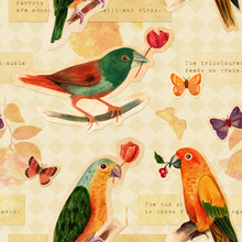 Seamless Background Texture With Cutouts Of Watercolor Birds And Butterflies