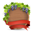 Wooden barrel for wine, grapes vine and red ribbon. Winemaking label template.