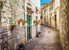 Narrow Old Street And Yard In Sibenik City, Croatia, Medieval Zone