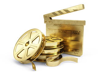 Wall Mural - Golden Film Reels and Clapper board