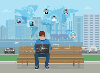 Poster - Young guy sitting in the modern city street park and working on laptop. Texting to friends in different parts of world. Social network concept vector illustration.