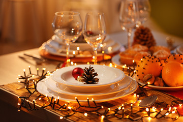 Wall Mural - Christmas table setting with holiday decorations