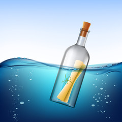 Poster - Glass bottle with message, floats in the water. Stock vector ill