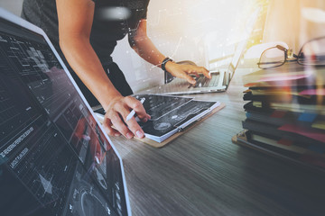 Poster - Website designer working digital tablet and computer laptop with
