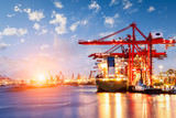 Industrial container freight Trade Port scene at sunset