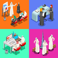 Middle East Arab Businessmen working on Laptop. Arabian hijab desk woman working at a laptop. Flat 3D Isometric People Collection.