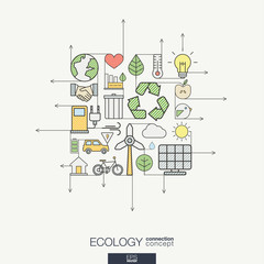 Ecology integrated thin line symbols. Modern color style vector concept, with connected flat design icons. Illustration for eco friendly, energy, environment, green, recycle, bio and global concepts.