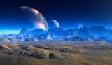 Fototapeta Kosmos - double moon above Crater Landscape on alien Planet.