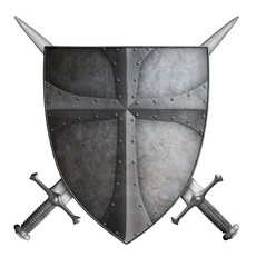 Sticker - medieval crusader shield and two crossed swords isolated 3d illustration