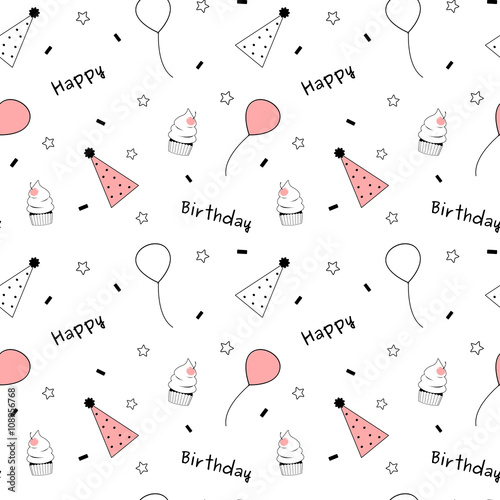 Black White Pink Cute Lovely Happy Birthday Seamless Vector