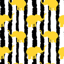Cute Yellow Elephants Silhouette On Black And White Grunge Stripes Seamless Vector Pattern Background Illustration