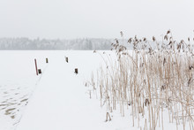 Blizzard Winter Landscape At Frozen Lake