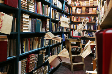 Wall Mural - Flying books on library bookshelves background