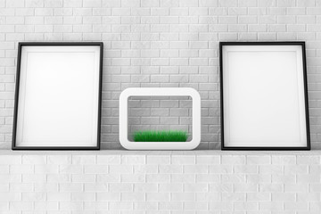 Poster - Blank Picture Frames with Grass in White Ceramics Planter on the