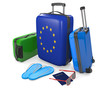 Travel luggage items and accessories for a vacation to or from European Union, 3D rendering