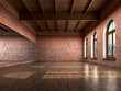 Big empty room in grange style with wooden floor, bricks wall, b