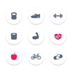 Canvas Print - Fitness icons, simple fitness pictograms, signs, round icons, vector illustration