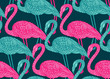 Seamless pattern with hand drawn flamingo birds in doodle style.
