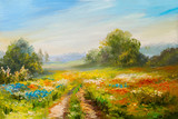 Fototapeta Sypialnia - oil painting landscape, colorful field of flowers, abstract  impressionism