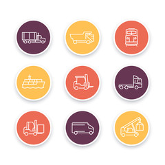 Wall Mural - Transportation line icons, forklift, cargo ship, train, cargo truck, transit, transportation pictograms, color round icons set, vector illustration