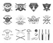 Set of vector cricket sports logo designs. Cricket icons vector set. Cricket emblems design elements. Sporting tee designs. Cricket club badges. Isolated cricket gear, equipment for web or t-shirt