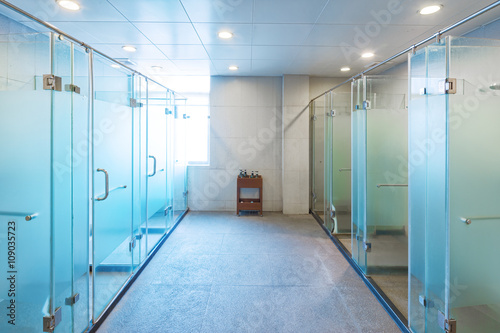 Glass Showers In Modern Washing Room In Gym Buy This Stock