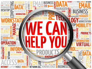 Poster - We can help you word cloud with magnifying glass, business concept
