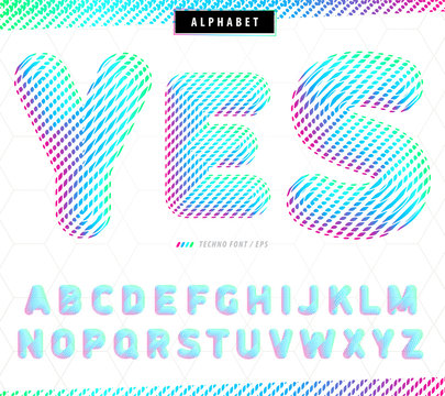 Modern techno font with a gradient of red, green and blue lines that looks fashionable and good on posters, banners of the city and on the pages of a stylish websites. Vector illustration.