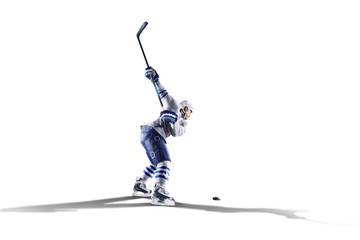 Professional hockey player skating on ice Isolated in white