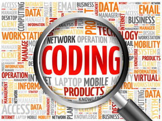 coding word cloud with magnifying glass, business concept