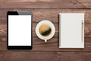 Poster - tablet coffee and book blank on wood tablet