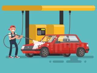 Worker washing a car at the car wash. Vector illustration