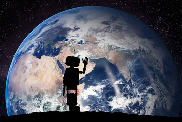 Wall Mural - robot looking on the planet earth from space. technology concept, artificial intelligence