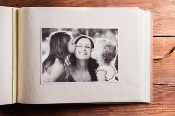 mothers day composition. photo album, black-and-white picture. w