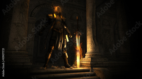 Plakat Paladyn wojownik z płonącym mieczem