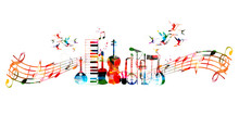Colorful Music Instruments Background With Hummingbirds