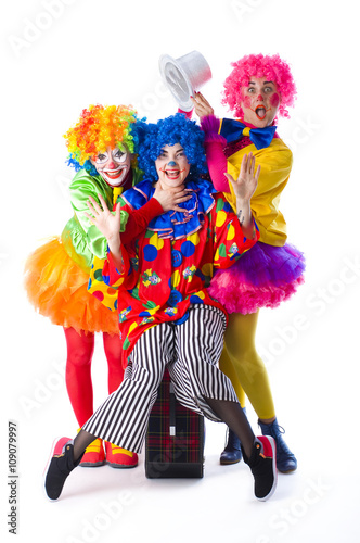 Fotografía Three colorful funny clown on a white background
